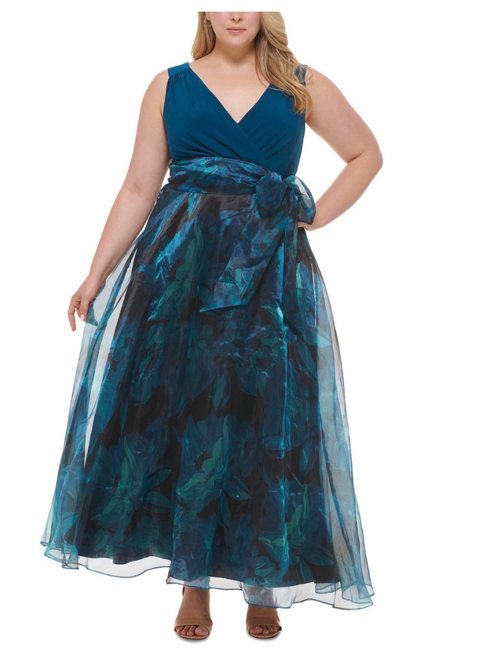 NWT! Eliza J V-Neck Sleeveless Turquoise Blue Organza Gown. Size 20W. - Picture 2 of 6